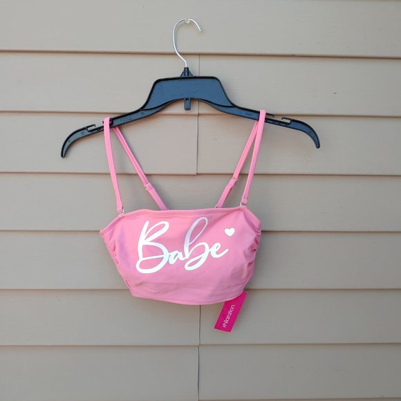 Xhilaration Pink Bikini Top Graphic "Babe" Bandeau Crop Style NWT Swimwear - Picture 3 of 9